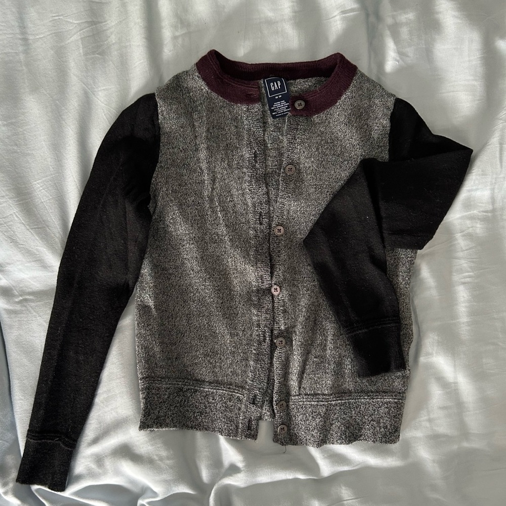 GAP Women's Gray and Black Cardigan with Maroon Accents